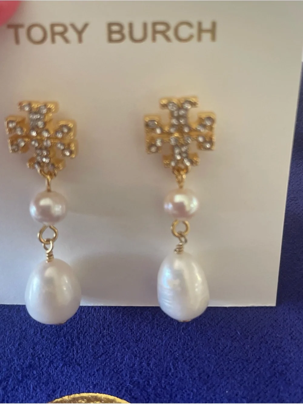Tory Burch Gold Logo Drop Earrings with White Pearls